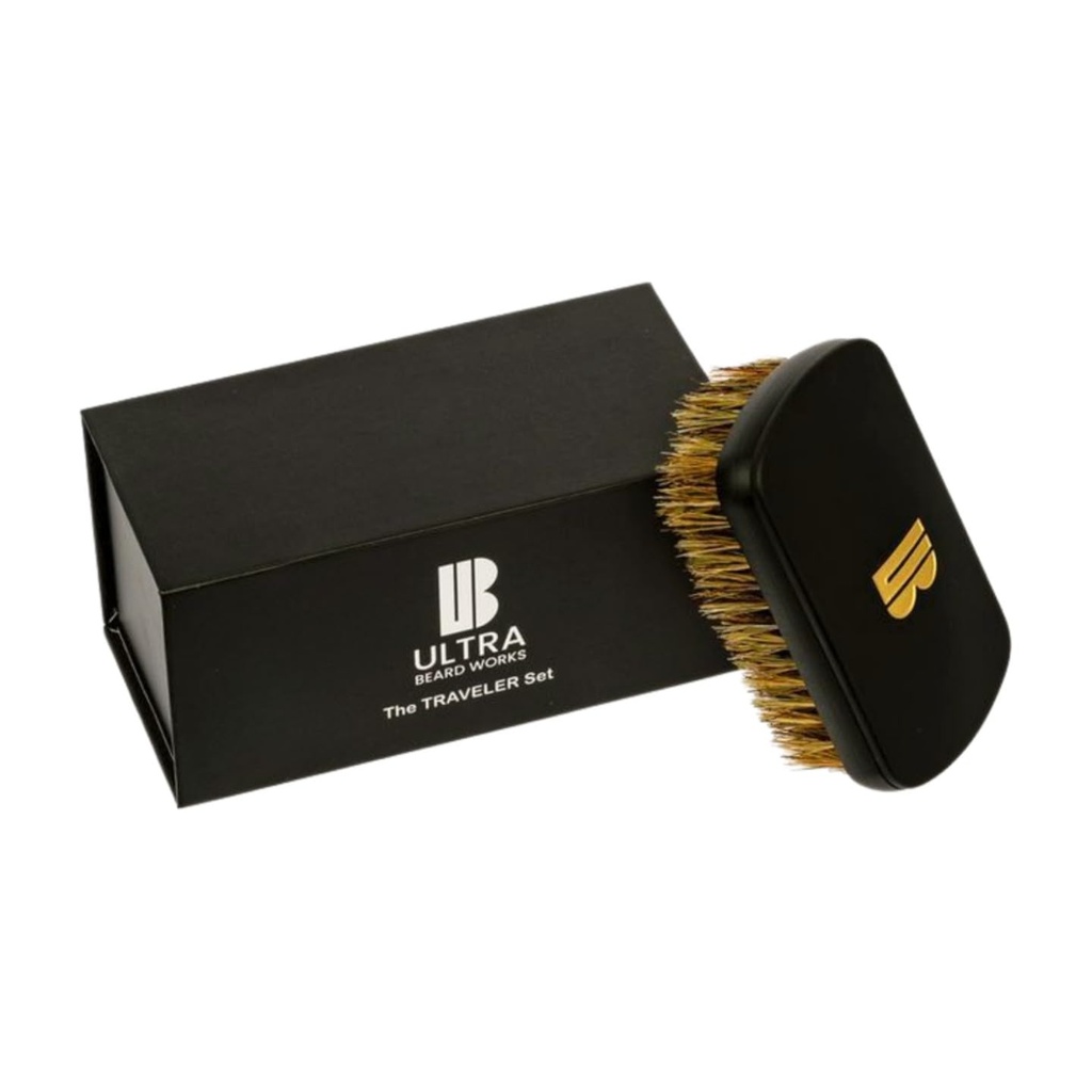 Magnetized High-end Beard Brush Set – The “Traveler” setleri demchable ayna ve boar bristle fırça içerir. "ULTIMATE BRUSH" üç set ve birden fazla renkte mevcuttur.