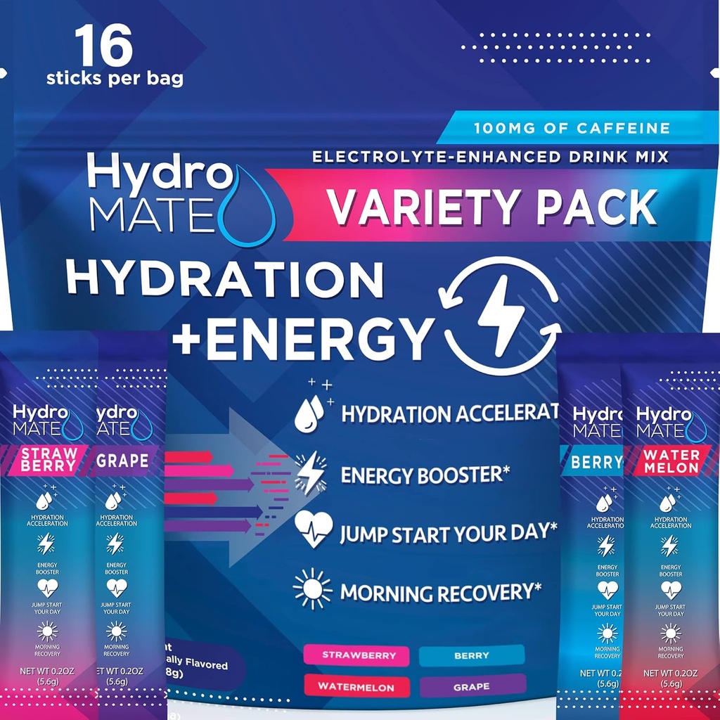 HidroMATE Electrolytes Toz Iklim Paketleri Hydration Low Sugar Party Favors for Rapid Recovery Vitamin C Plus Caffeine Diversity Pack 16 Sticks