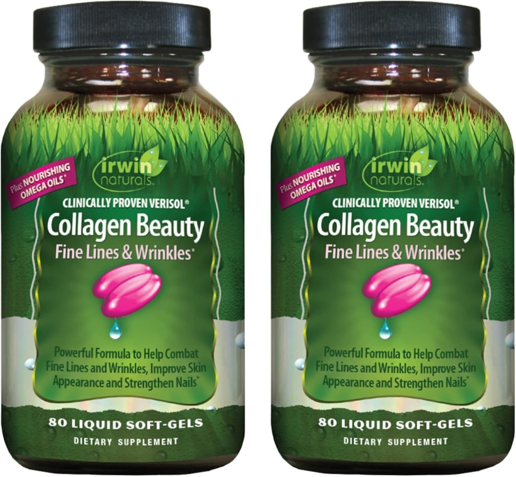 Irwin Naturals Collagen Beauty – 80 Liquid Soft-Gels – Προηγμένη επιδερμίδα, μαλλιά και νυχιών - 2 Pack