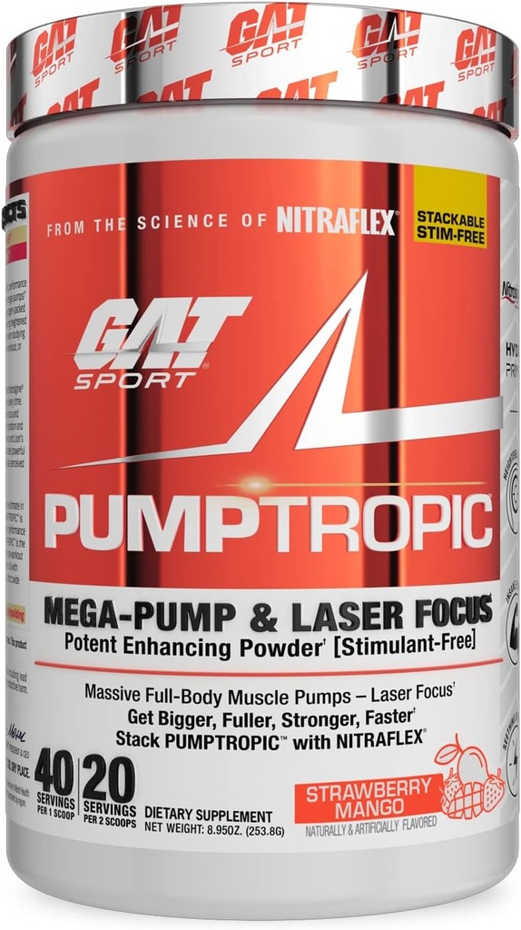 GAT Sport Pumptropic Mega-Pump & Laser Focus Potent Enhancing Toz (Stimulant-Free), 40 Hizmet (Strawberry Mango)