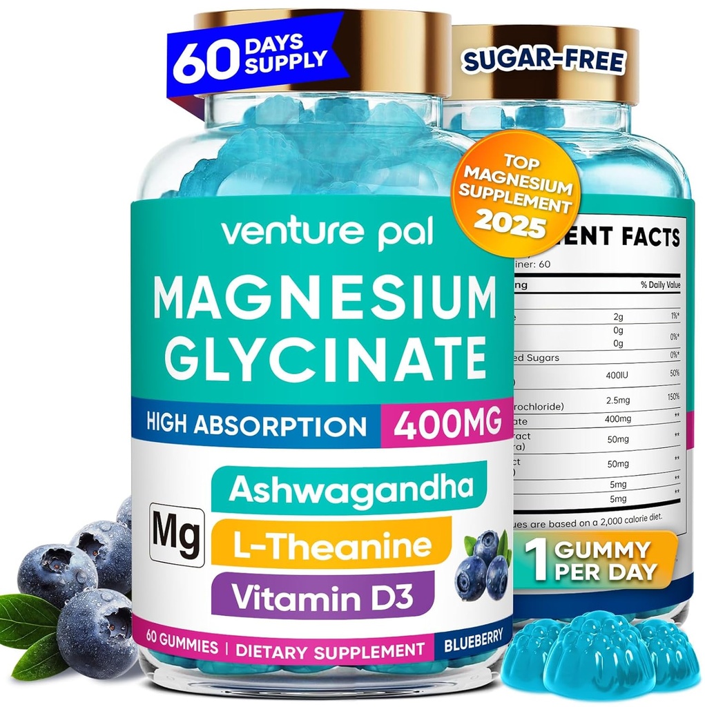 60 Day Supply Magnesium Glycinate 400mg Gummies with Ashwagandha, L-Theanine, CoQ10, Vitamin D3 & B6, Sugar Free Magnesium Gummies for Adults & Kids, Stress Relief, Sleep & Calm, Vegan, Gluten Free