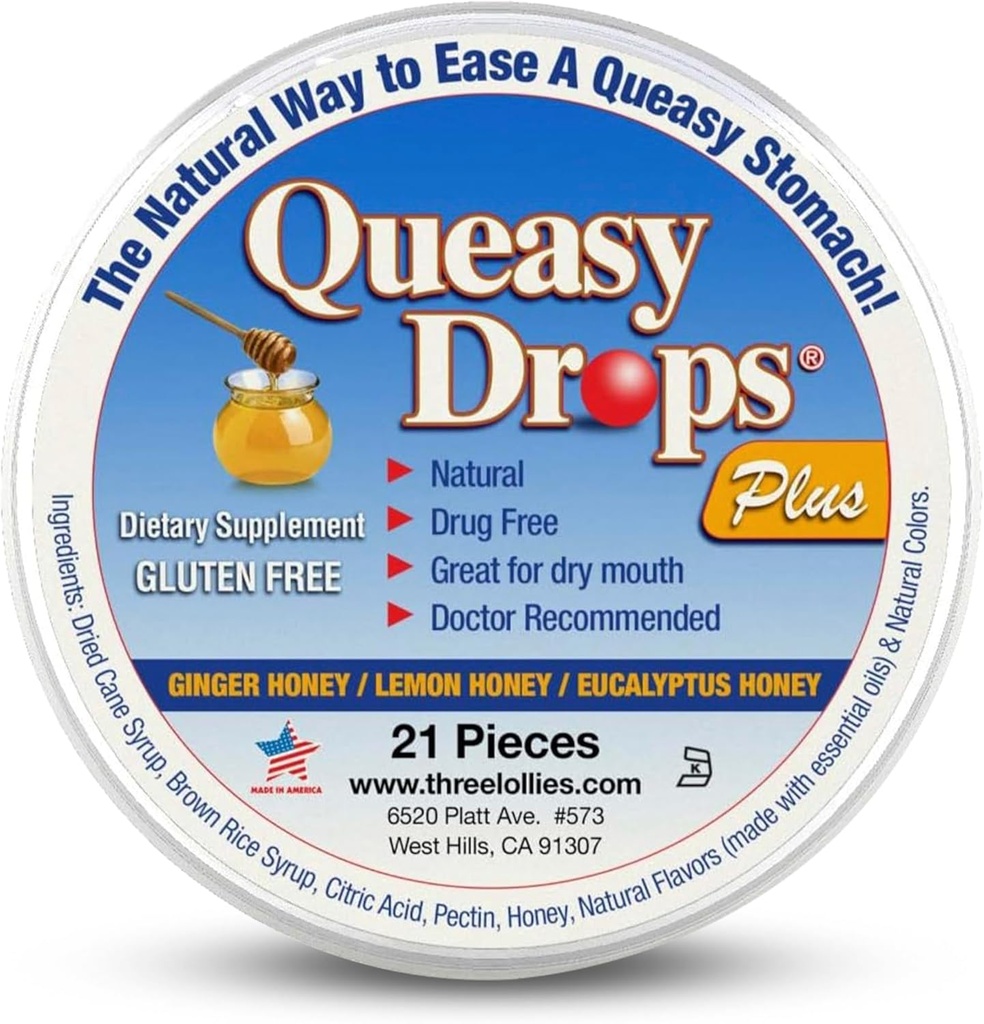 Üç Lollies Queasy Drops Plus - Pectin & Honey ile Soothe a Kuru Mouth - Alleviate Nausea & Motion Hastaness - Doğal - 21 cttin & Honey ile