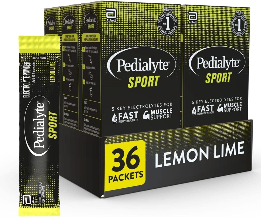 Pedialyte Sport Ηλεκτρολύτης σκόνη, γρήγορη ενυδάτωση με 5 κλειδιά ηλεκτρολύτες για την υποστήριξη μυών πριν, κατά τη διάρκεια, & μετά την άσκηση, λεμόνι Lime, 0,49-oz πακέτα (36 κόμης)