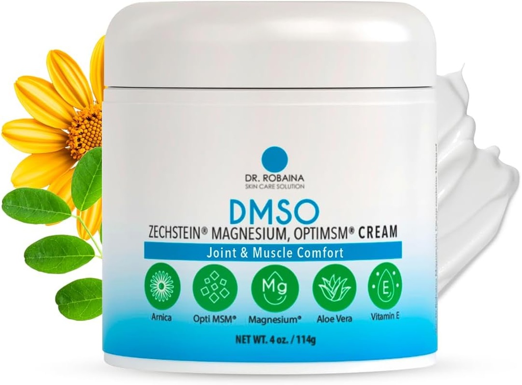Dr. Robaina DMSO Cream -% 99.9 Saf Farm Grade | Skin Relief Formula with Zechstein Magnezyum, Arnica, Aloe Vera, Vitamin E | Kas & Ortak Comfort | 4 oz | Made in USA USA USA