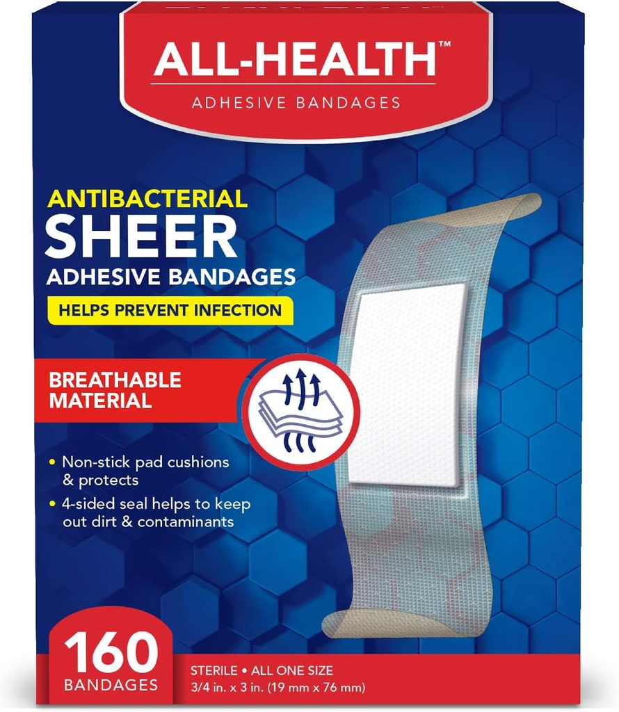 Tüm Sağlık Antibakteriyel Sheer Prestige Bandages, 3 x 3'te 160 ct | Enfeksiyonu önlemeye yardımcı olur, İlk Yardım ve Yara Bakımı Için Ekstra Büyük Rahat Koruma