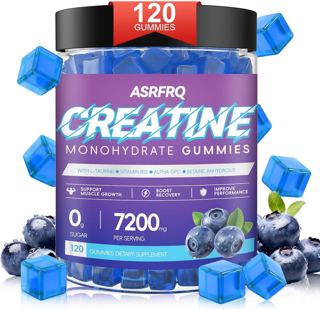 Erkekler ve Kadınlar 120 CT için Kreatin Monohidrat Gummies - Serviste Kreatine Monohidrat 7200 mg, Kas Destek & Enerji Boost, Sugar Free, Vegan (MaviberryFlavor)