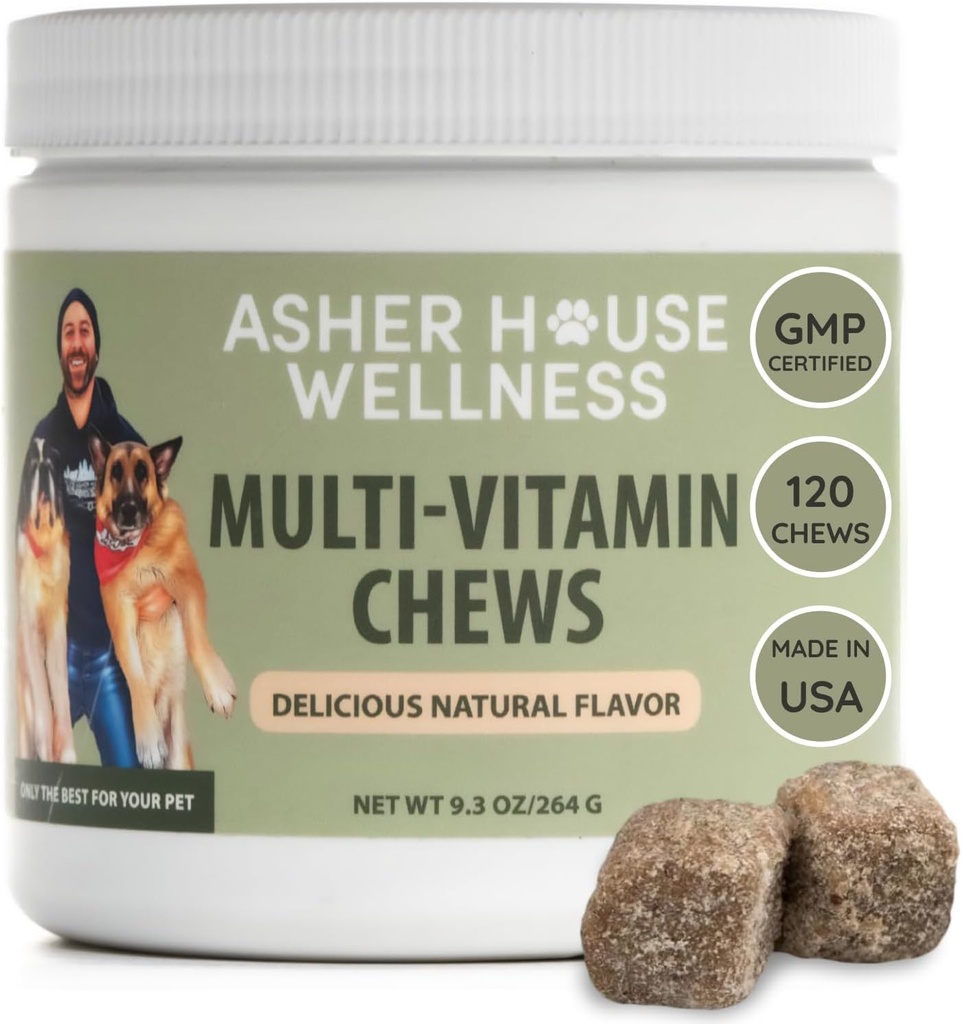 Asher House Wellness Dog Multivitamin Chews - Köpek Vitaminleri ve Tamamları, Probiyotikleri olan Pet Köpekler için Yumuşak Chew, Flaxseed, Colostrum - Puppy'den Senior'a Kapsamlı Sağlık Desteği, 120 Chews