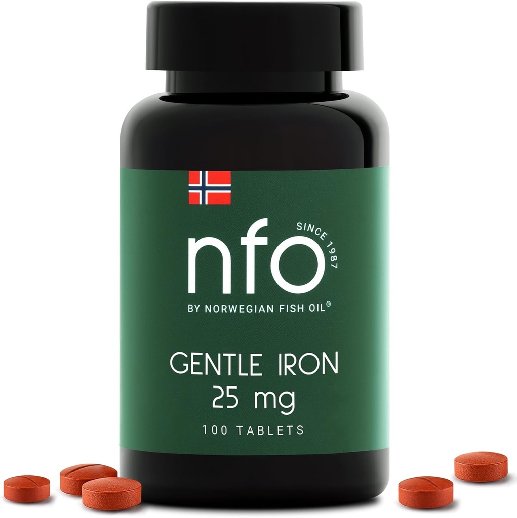 NFO Gentle Iron [100 Tablets] Norwegian High-Absorption Iron Complex with Patented Ferrochel Chelated Iron, Gentle on The Stomach, Vegan-Friendly, Non-Constipating