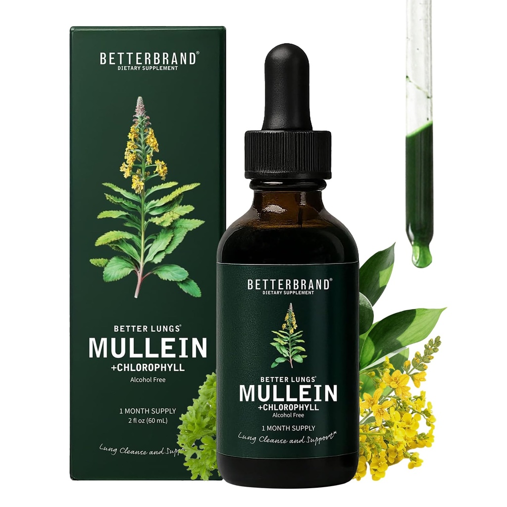 Lung Detox için Betterbrand Mullein Drops - Mullein Leaf Tincture with Chlorophyll - Helps Support Respiratory Health, Alkol Özgür, 1 Ay Supply - 60 ml