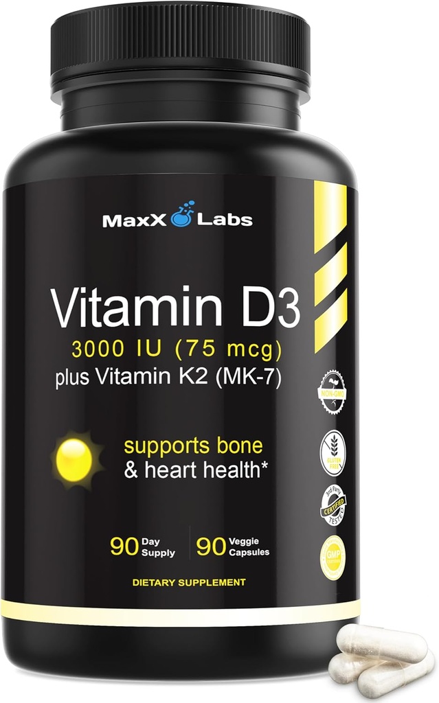 D3 C2 3000 IU - Natto'dan MK-7 vitamini ile - Yüksek Potency Vitamin D Supplement Sağlıklı Kemikleri, Dişler, Kalp ve Immune Function, Gluten-Free - 90 Capsules