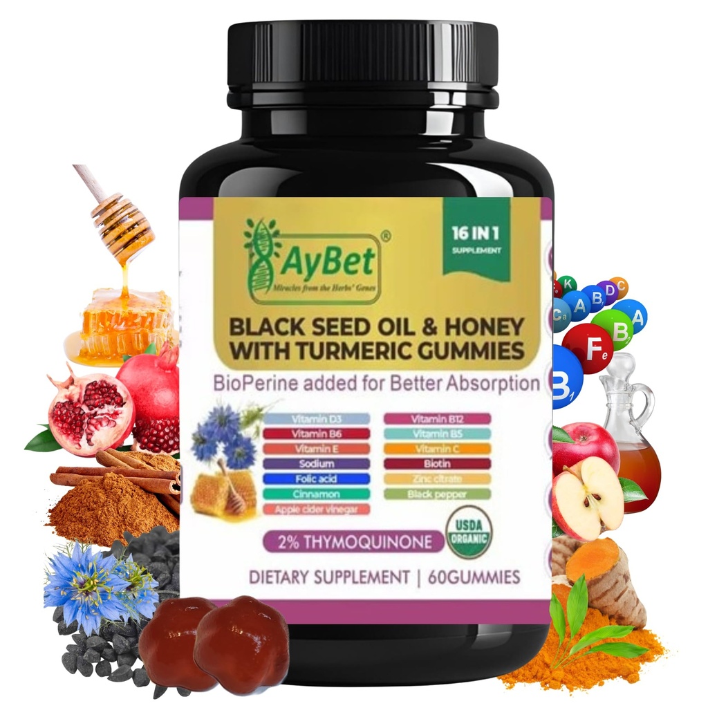 Μαύρο Έλαιο Σπέρματος & Μέλι με Turmeric Gummies με BioPerine, μηλίτη μήλου, βιοτίνη, ψευδάργυρος & Βιταμίνες C D3 B12 – Ανοσοποιητικό, Detox, Ενέργεια & Δερμάτινα Καρφάκια Υποστήριξη – 60 Vegan, Halal, Organic Gummies