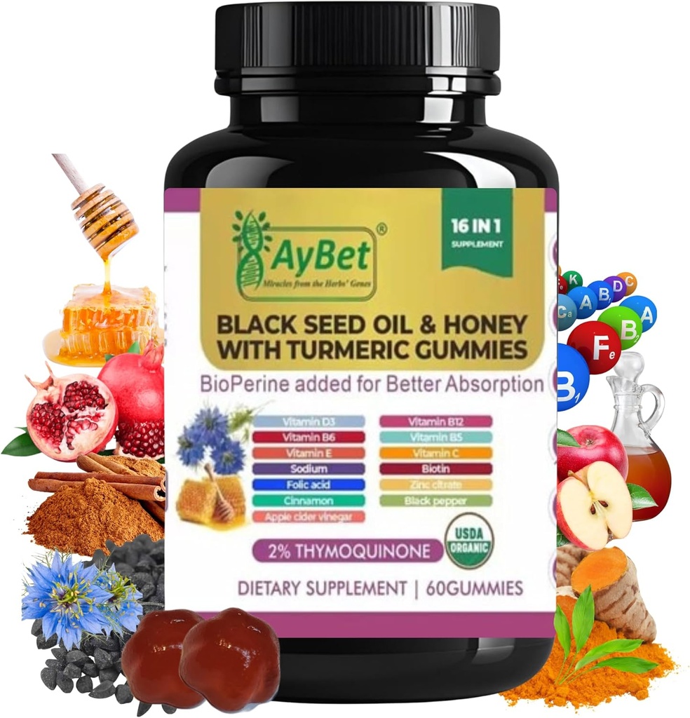 Black Seed Oil & Honey with Turmeric Gummies with BioPerine, Apple Cider Vinegar, Biotin, çinko & Vitamins C D3 B12 - Immune, Detox, Energy & Hair Skin Nails Support – 60 Vegan, Hell, Organik Gummies