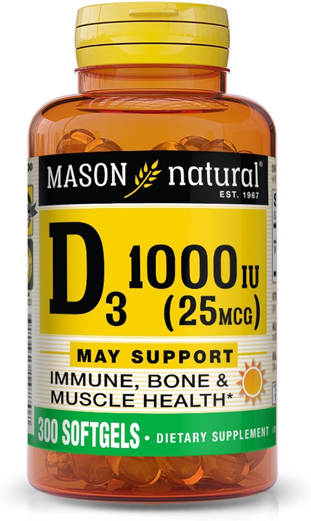 MASON ΦΥΣΙΚΗ Βιταμίνη D3 25 mcg (1000 IU), Υποστηρίζει τη συνολική υγεία, ενισχύει τα οστά και τους μυς, από ιχθυέλαιο, 300 Softgels