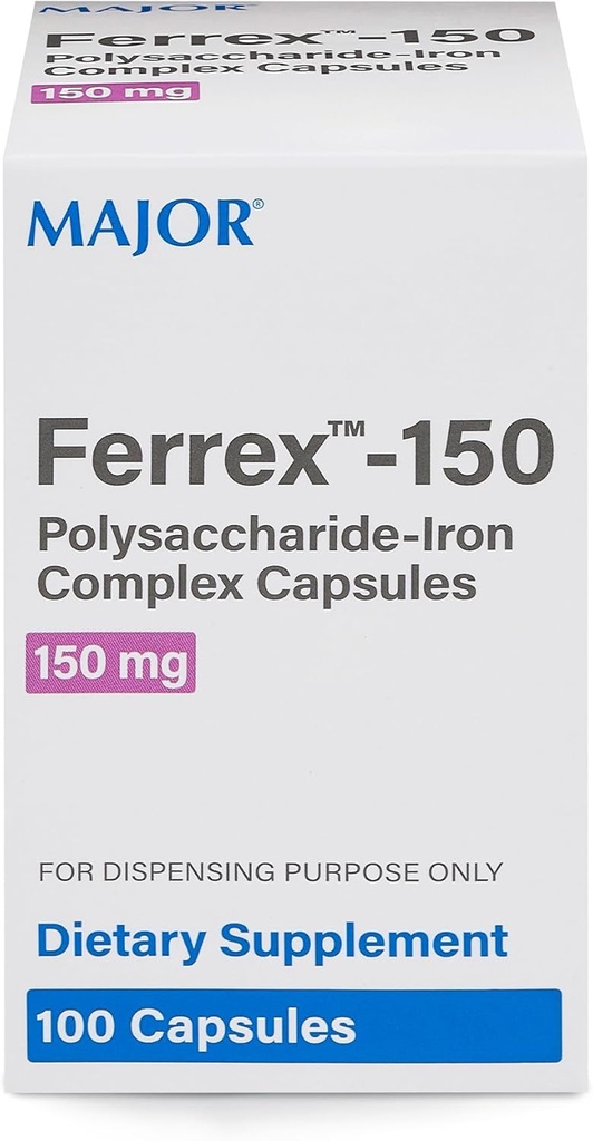 MAJOR Ferrex-150 Πολυσακχαρίτες - Iron Complex Κάψουλες 150mg Συμπλήρωμα σιδήρου για γυναίκες και άνδρες – Απαλή στο στομάχι – 100 κάψουλες