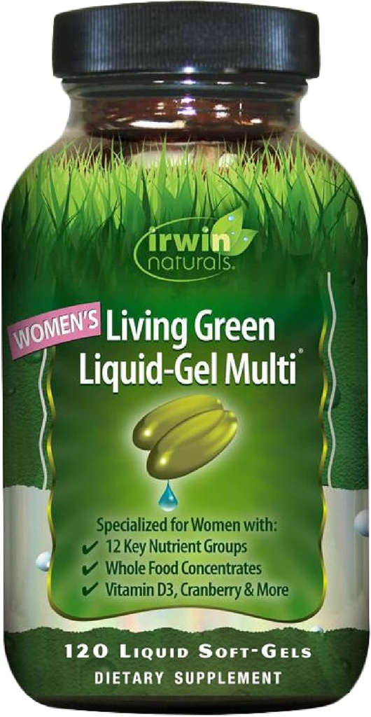 Irwin Naturals Women's Living Green Liquid-Gel Multi Vitamin - 70 Essential Nutrients, Vitaminler, Tümgılar - Hedeflenen Destek - 120 Sıvı Yumuşakgels