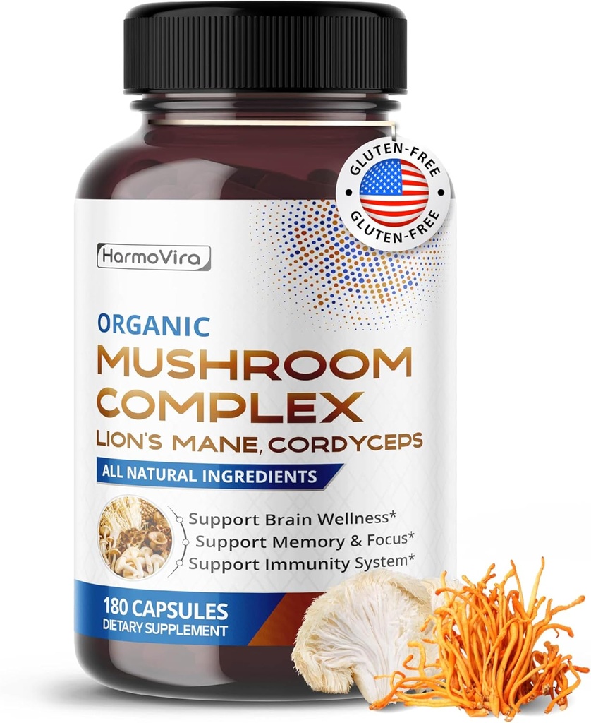 Lion's Mane, Cordyceps & Turkey Tail ile Organik Mushroom Kompleksi – Beyin, Memory & Immune Support – 180 Capsules (6-Month Supply)