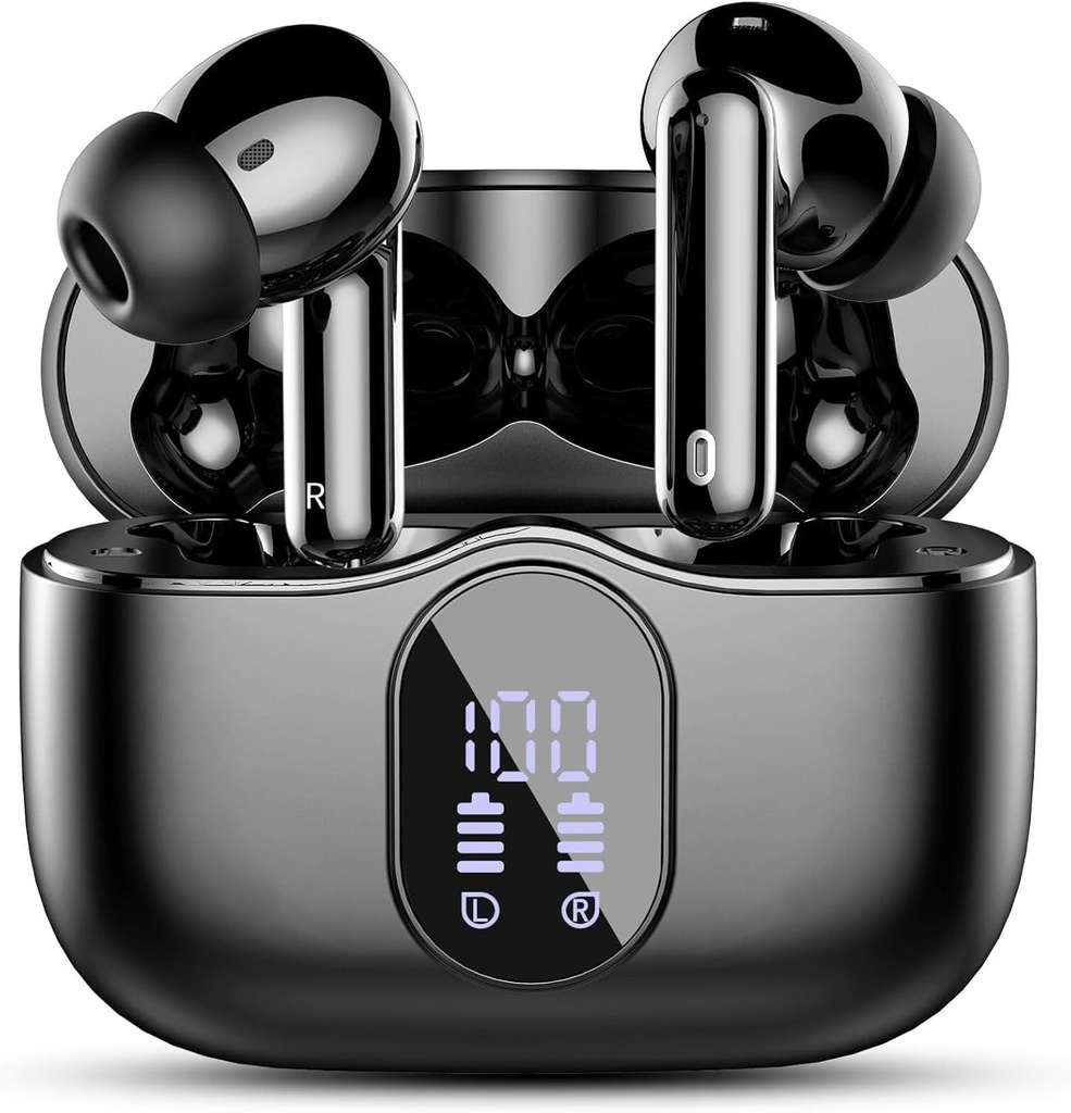 Ασύρματα ακουστικά, Bluetooth 5.4 Ακουστικά Bass Stereo, μπουμπούκια αυτιού με θόρυβο Ακύρωση οθόνη Mic LED, IP7 Αδιάβροχο σε ακουστικά αυτιών, 36H Playtime για lap-top Pad τηλέφωνα Αθλητική προπόνηση, μαύρο