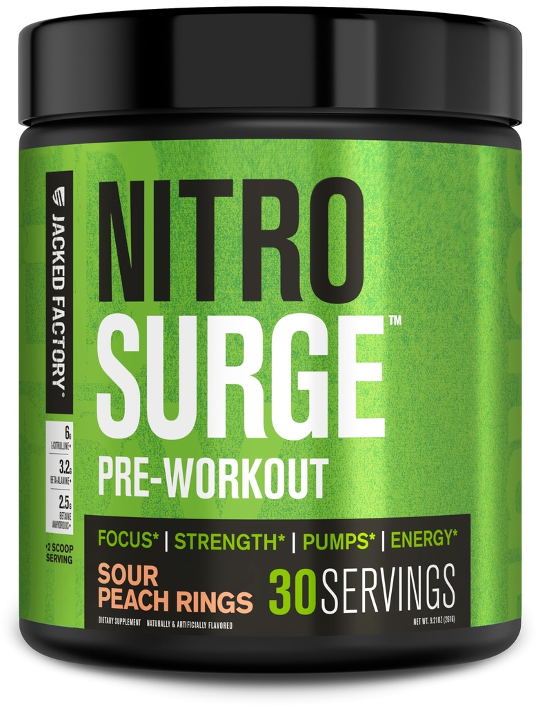 Jacked Factory NITROSURGE Pre Workout Supplement - Endless Energy, Instant Strength Gains, Clear Focus, Intense Pumps - NO ATM & Güçlü Preworkout Energy Toz - 30 Hizmet, Sour Peach Ring