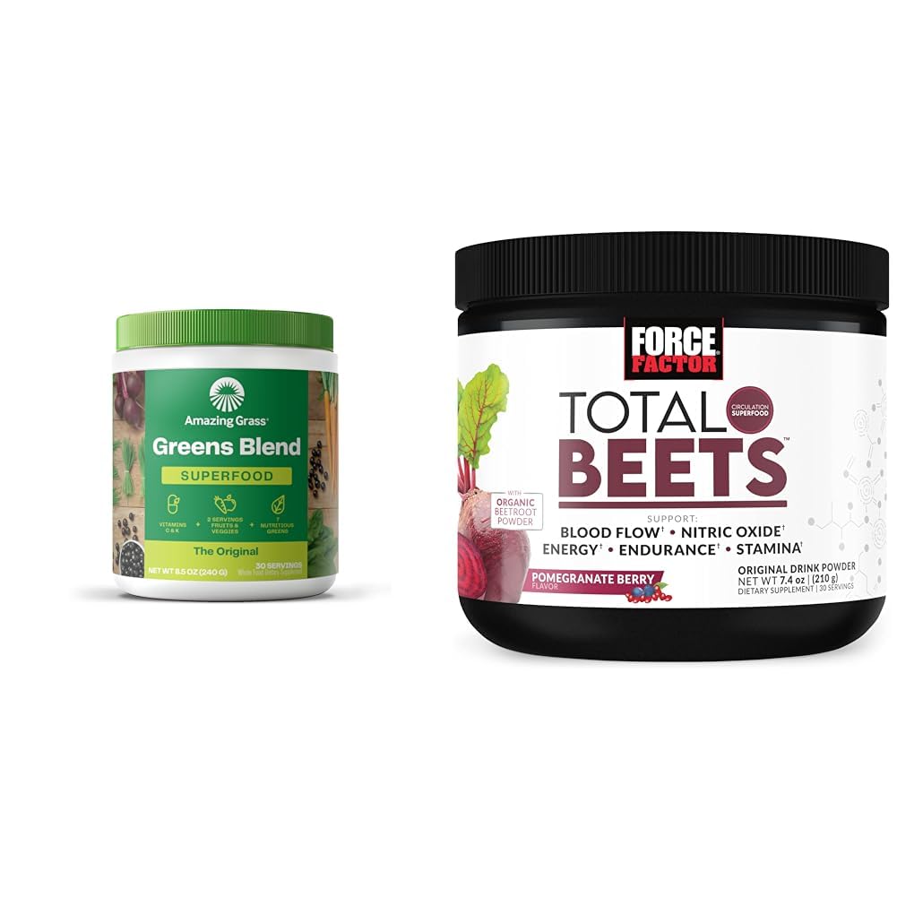 Amazing Grass Greens Mix Superfood: Super Greens Toz Smoothie Mix for Boost Energy & Force Factor Total Beets Drink Mix Superfood Toz with Nitrates to Support Circulation, Blood Flow