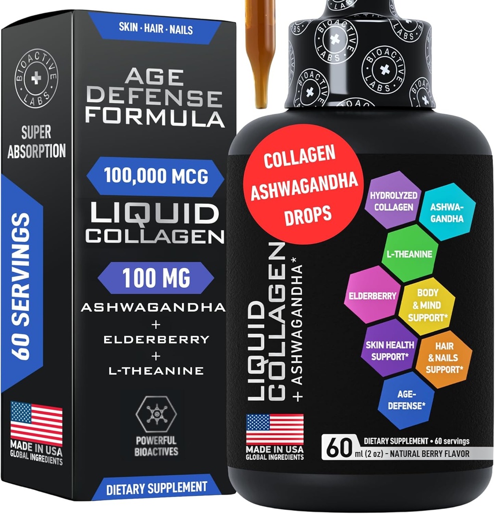 Calming Ashwagandha ile Kadınlar ve Erkekler için sıvı Collagen - 100.000 Aovine Collagen Drink, 100 mg Ashwagandha Liquid for Radiant Skin, Hair, Nails ve Immune Support - 2oz Berry Flavor Drops