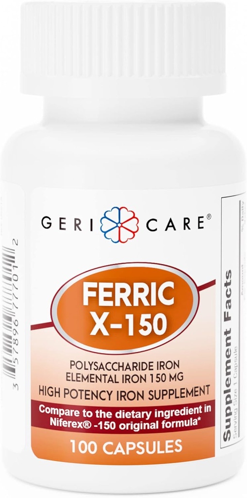 GeriCare Ferric X-150 Yüksek Potency Polysaccharide Iron Supplement, Elemental Iron Capsules, 100 Kont (kök 1)