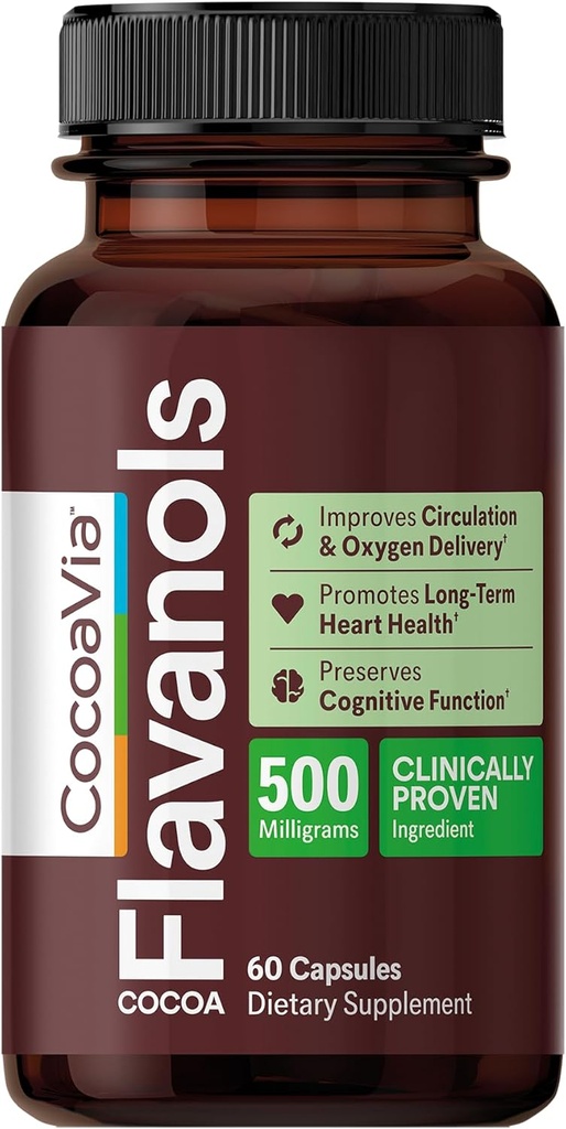 CocoaVia Heart & Brain Supplement, 30 Day, Cocoa Flavanol Extract, Memory & Circulation Branson, Nitrik Oksit, Boost Oksijen & Enerji, Plant bazlı, Gluten Free, Vegan, 60 Capsules