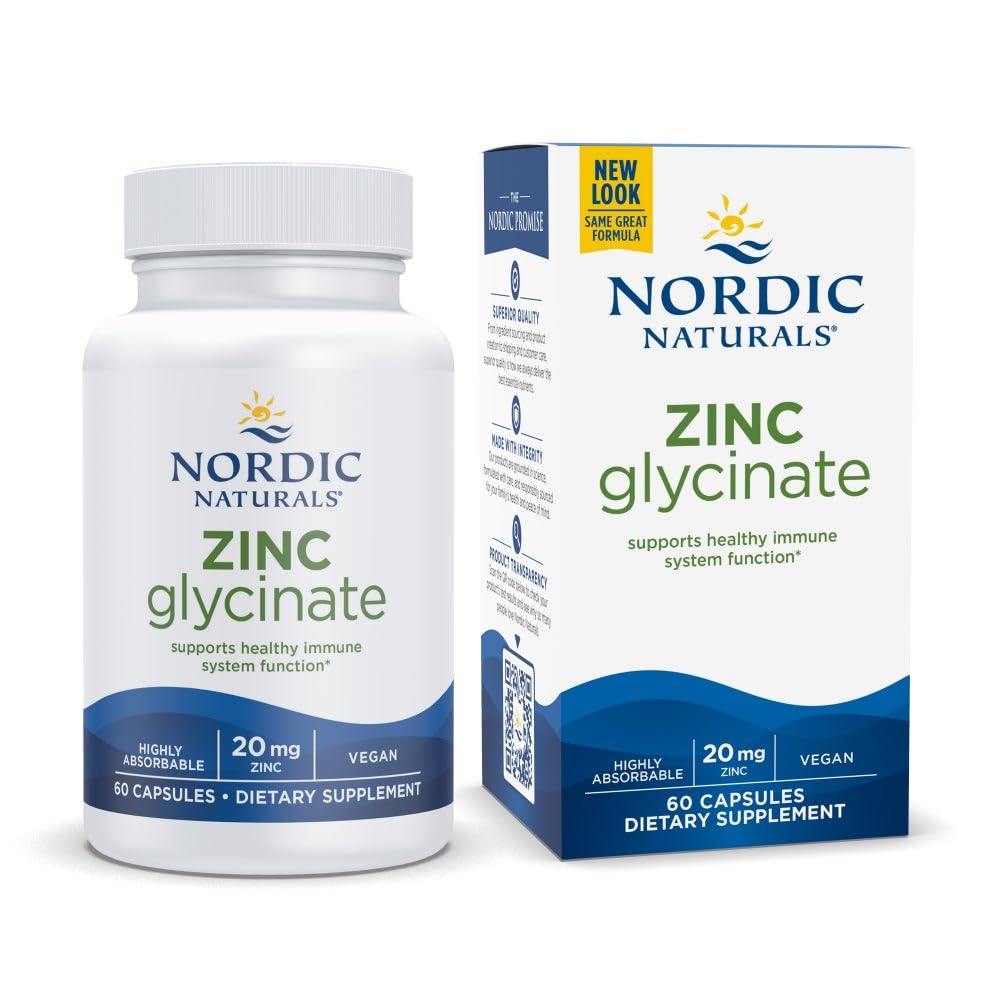 Nordic Naturals Zinc Glycinate - 60 Capsules - 20 mg Highly Absorbable Zinc Glycinate - Optimal Wellness - Non-GMO, Gluten Free, Vegan - 60 Servings