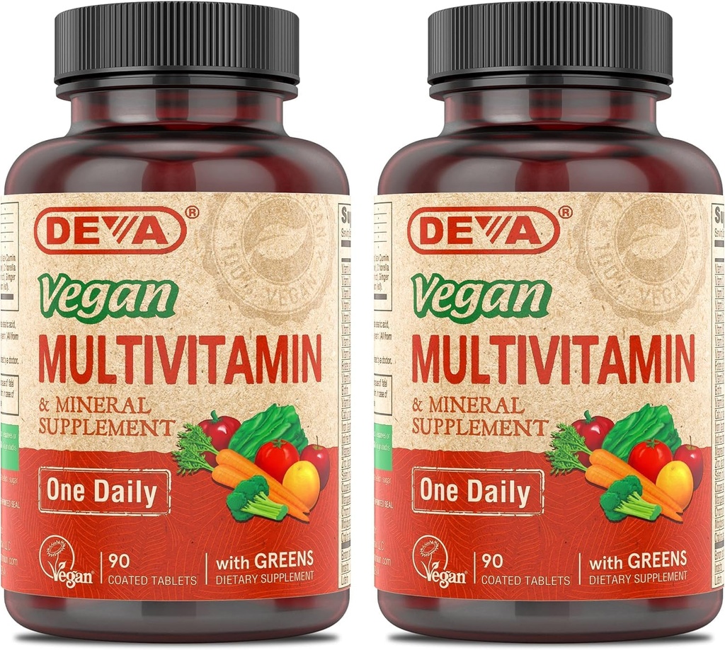 DEVA Vegan Multivitamin & Mineral Supplement with Iron 2Pack, Spirulina, Chlorella, Ashwagandha, Broccoli & More, 90 Kaplamalı Tabletler Her Şeyi