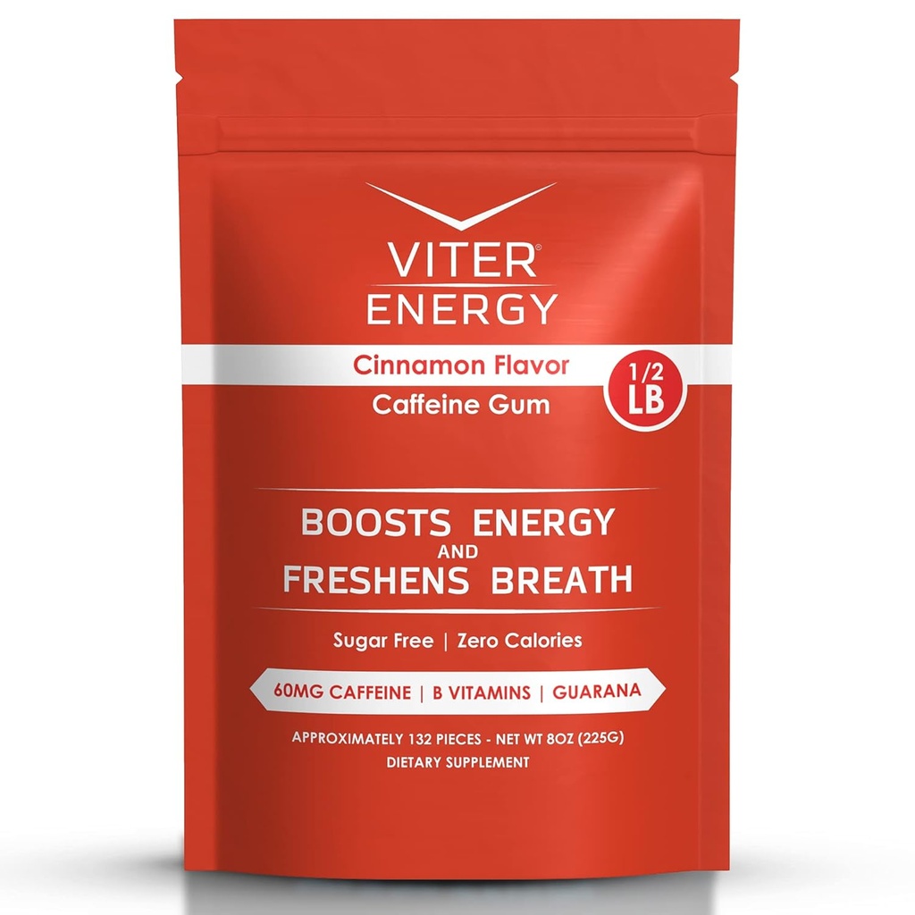 Viter Energy Caffeinated Gum 60 mg Caffeine, B Vitamins, Guarana, Sugar Free. (Cinnamon, 8oz, Bulk Bag)