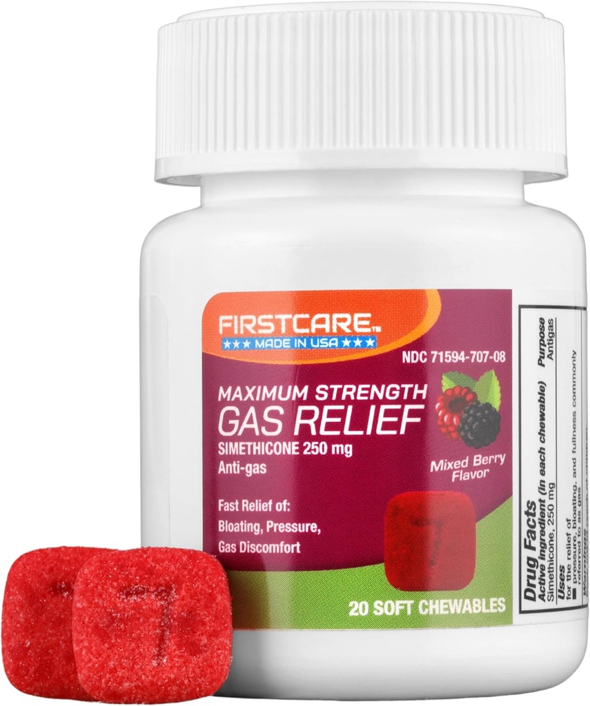 FirstCare® Gas Relief Soft Chewables - Hızlı Bloating, Excess Basınç, Fullness ve Gas Discomfort | Simethicone 250 mg | Anti-Gas Chewable Medicine (20 Count)