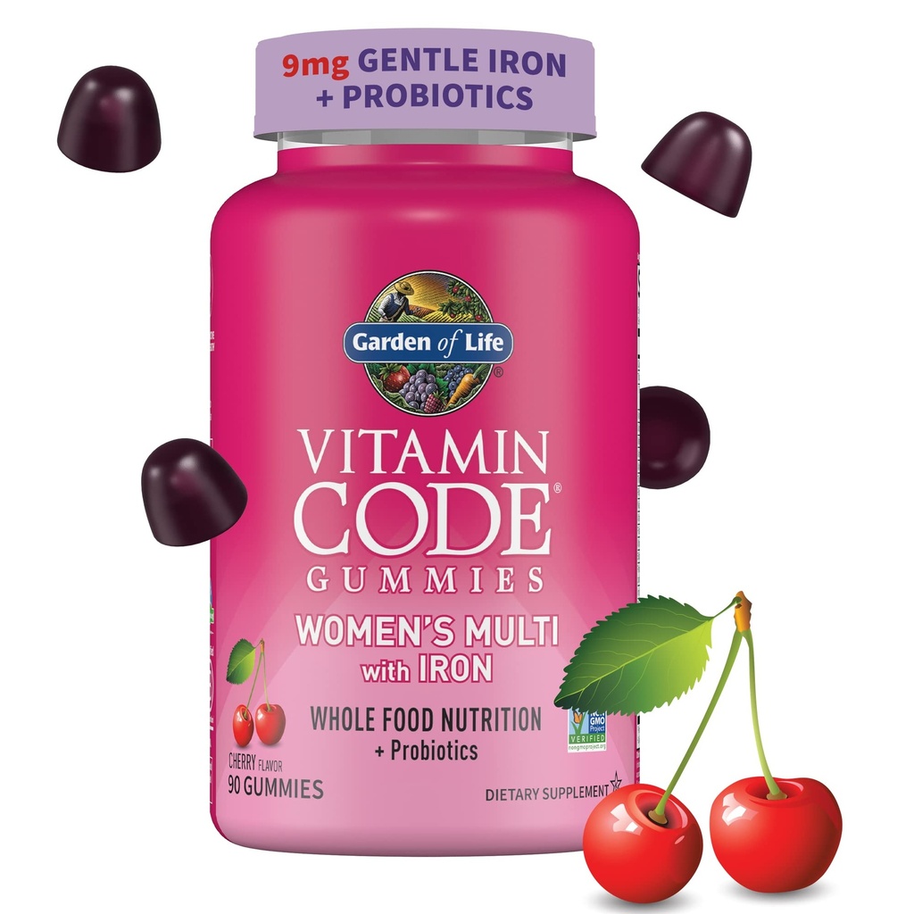 Life Vitamin Code Women's Multivitamin Gummy with Iron: Folate, Biotin, D3 & B12 for Hair, Skin & Nails + Probiyotiks for Immune Health & Digestion, Non-GMO, Gluten-Free, 90 Cherry Gummies