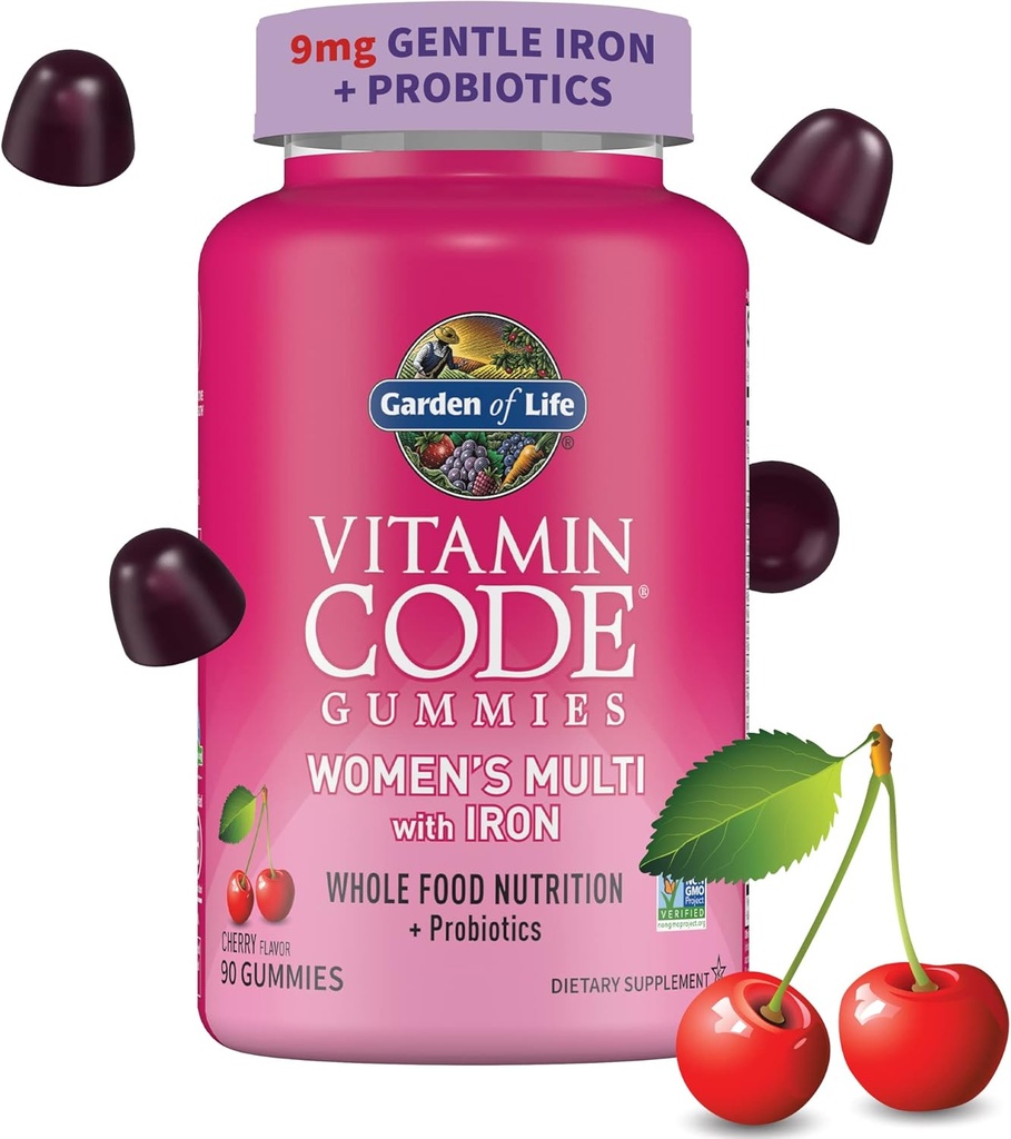 Life Vitamin Code Women's Multivitamin Gummy with Iron: Folate, Biotin, D3 & B12 for Hair, Skin & Nails + Probiyotiks for Immune Health & Digestion, Non-GMO, Gluten-Free, 90 Cherry Gummies