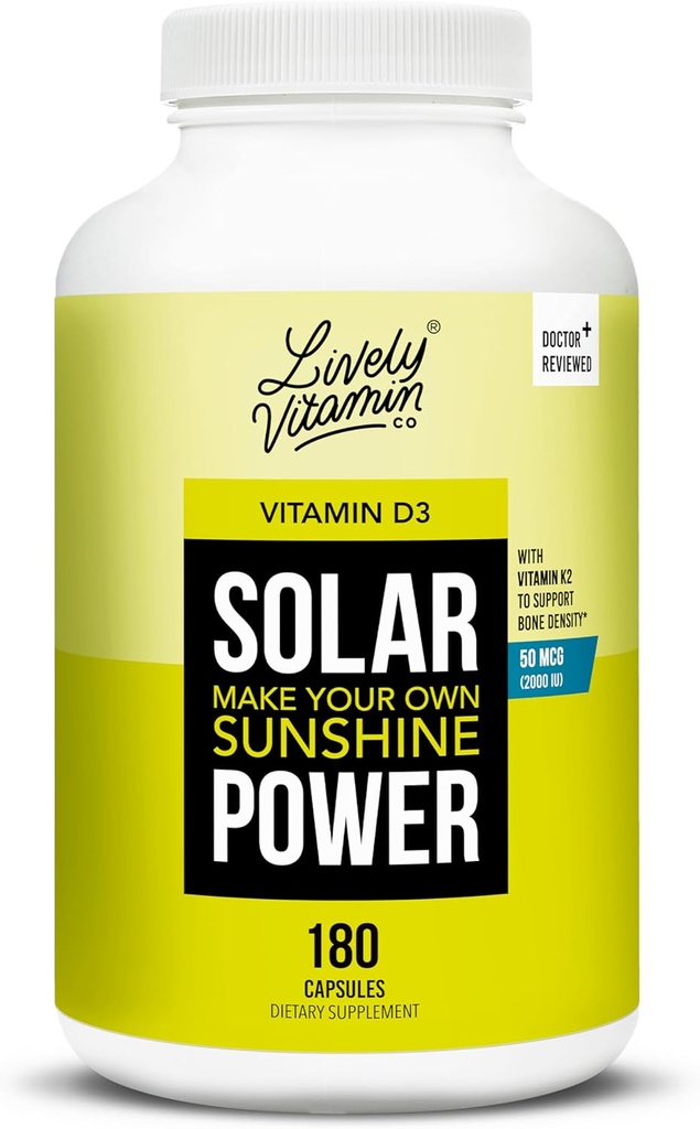 LIVELY VITAMIN CO. Solar Power Vitamin D3 2000 iu - Patentli Vitamin K - MK7 - Immune Balance - Beyin Fonksiyonu - Mood - Kalp - Stres - 180 Kont