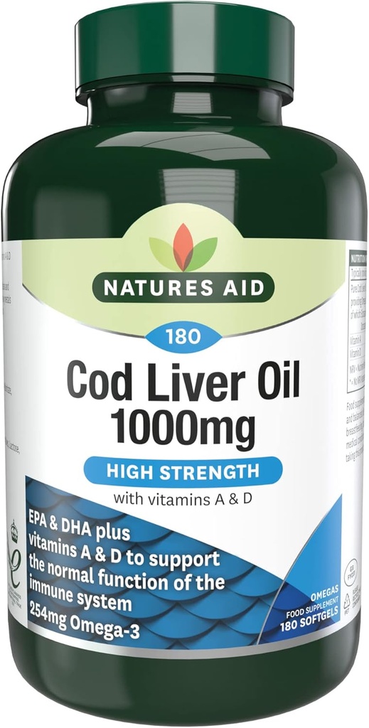 Natures Aid High Strength Cod Liver Oil 1000mg με βιταμίνη Α & D - 180 κάψουλες