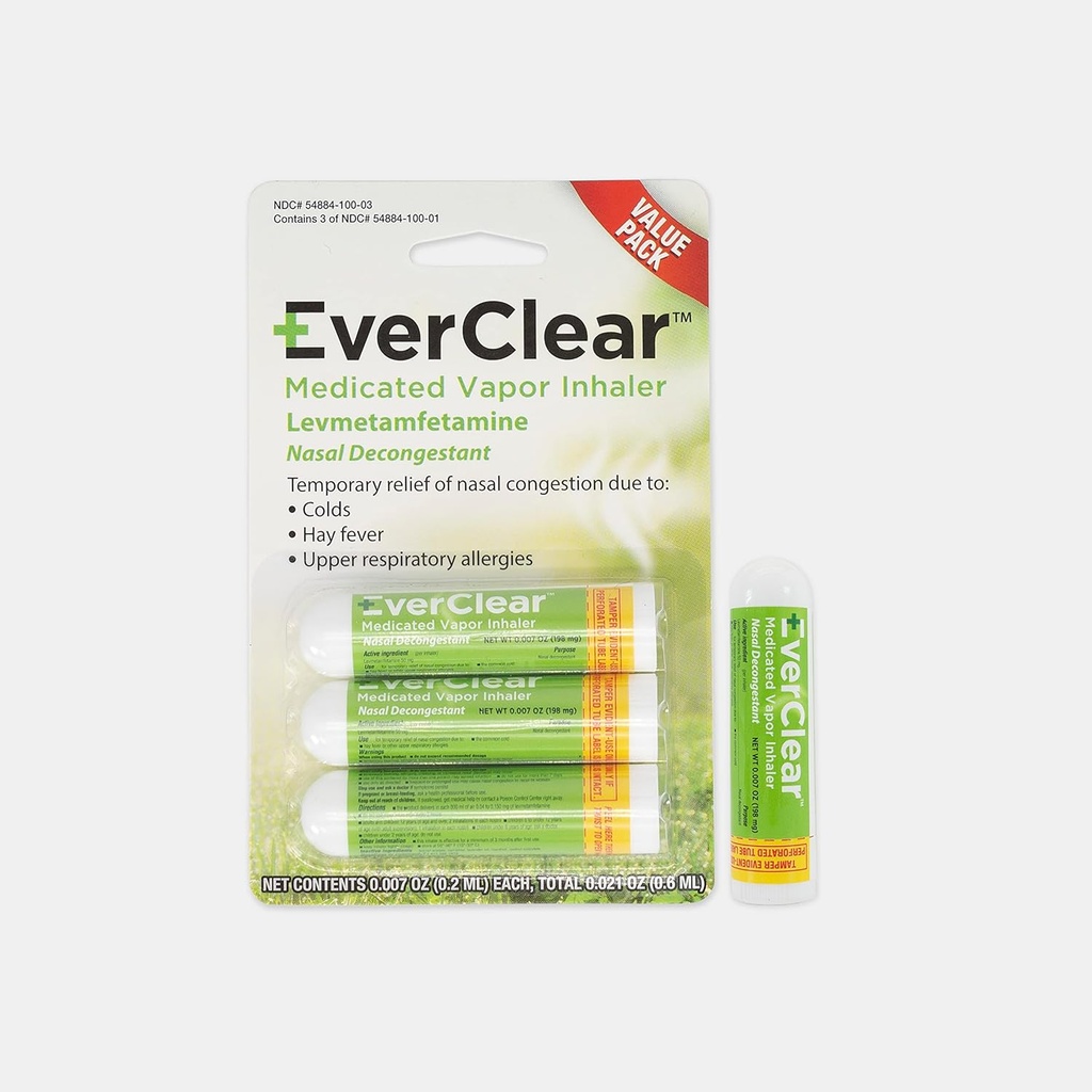 EverClear Medicated Vapor Inhaler, Nasινικό αποσυμφορητικό για κρυολογήματα, Πυρετός Hay, & Αλλεργίες άνω αναπνευστικού συστήματος, 0,2 ml, 3 Pack