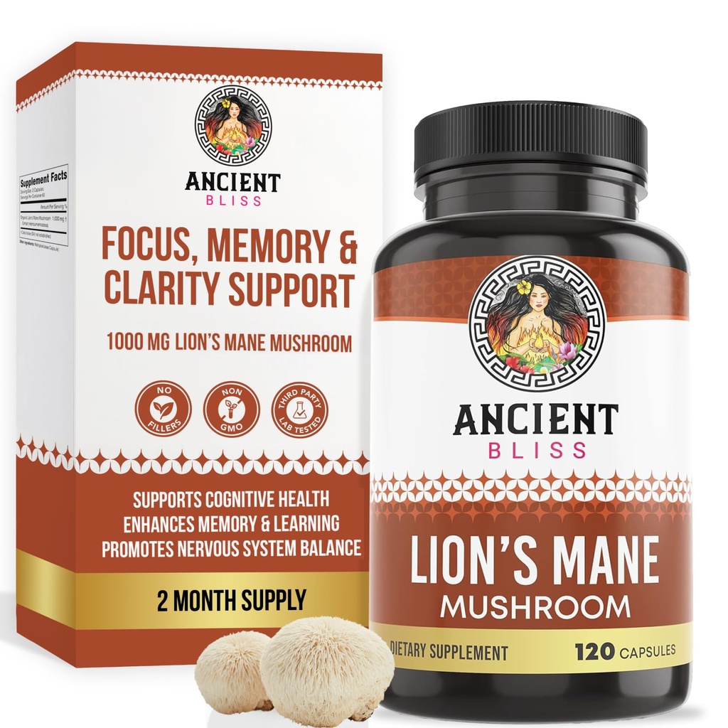 Ancient Bliss Lion's Mane Supplement (2 Μήνας Προμήθειας)- 120 Vegan Mushroom Caps- May Υποστηρίζει τη διανοητική σαφήνεια, την ενέργεια & May Focus- Μνήμη & Ανοσοποιητική υποστήριξη Mushroom Συμπλήρωμα