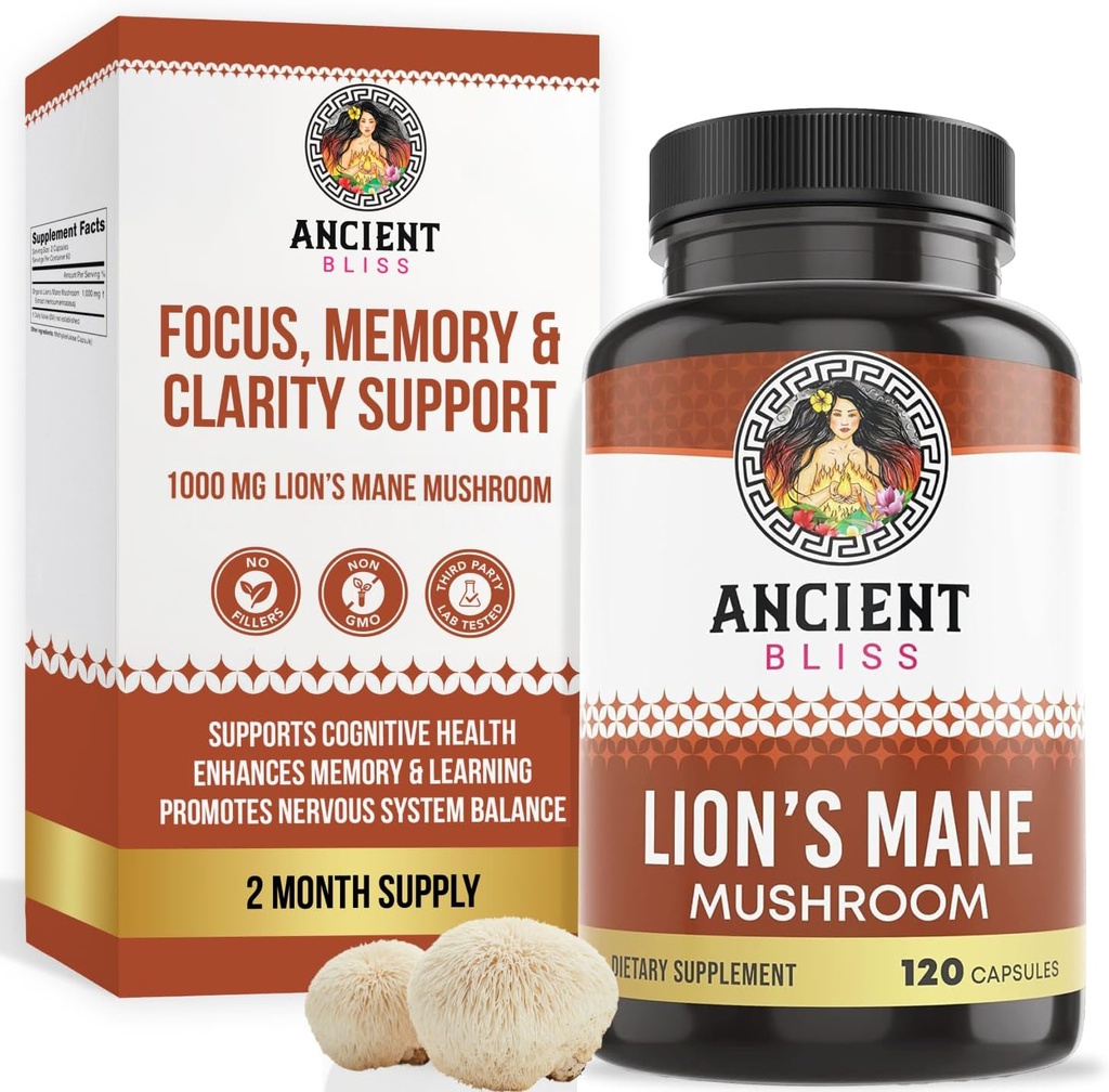 Eski Bliss Lion's Mane Supplement (2 Ay Supply)- 120 Vegan Mushroom Capsules- Mayıs Ruh Clarity, Enerji & Mayıs Focus- Memory & Immune Support Mushroom Supplement (2 Ay Supply)- 120 Vegan Mushroom Capsules- May Supports mental Clarity, Energy & May Focus- Memory & Immune Support Mushroom Supplement