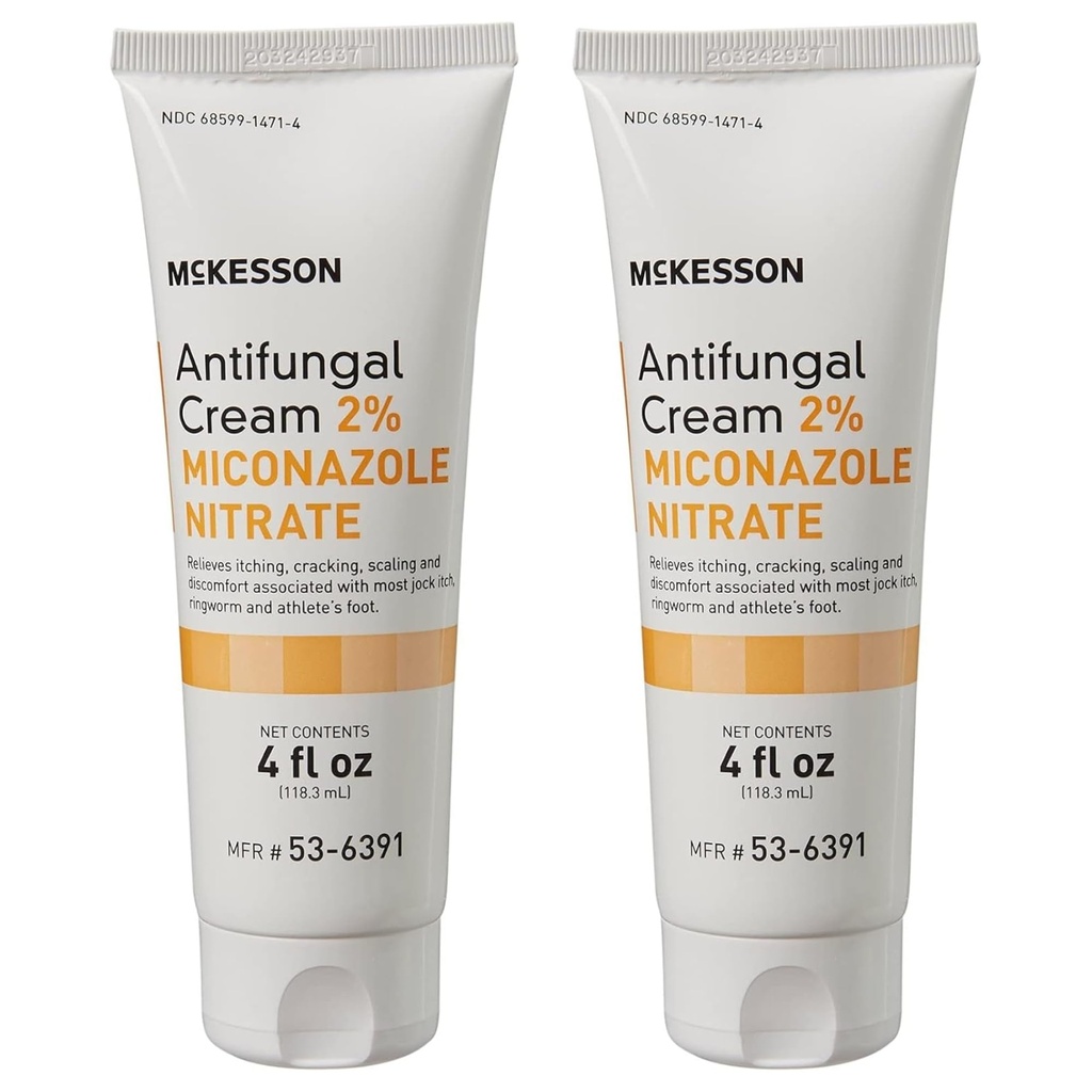 McKesson Antifungal Cream, 2% Miconazole Nitrate - Relieves Itching, Burning, Cracking from Jock Itch, Ringworm and Athlete Foot - 4 oz., 2 Count