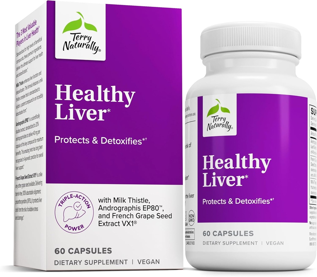 Terry Natural health Liver - Liver Function & Health Support Supplement - Cellular Health Support with Andrographis EP80 & French Grape Seed - Gluten-Free Diyetary Supplement - 60 Capsules