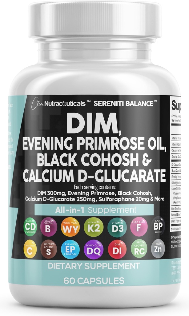 Καθαρά θρεπτικά συστατικά DIM Evening Primrose Black Cohosh Calcium D-Glucarate Sulforafane Flax Seed Extract - Ορμονική υποστήριξη Βιταμίνες για τις γυναίκες με Dong Quai - 60 Caps