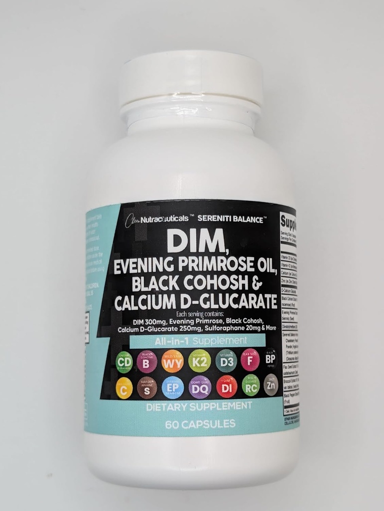 Temiz Nutraceuticals DIM Evening Primrose Black Cohoshuba D-Glucarate Sulforaphane Flax Tohumu - Dong Quai ile Kadınlar için Hormonal Destek Vitaminleri - 60 Caps