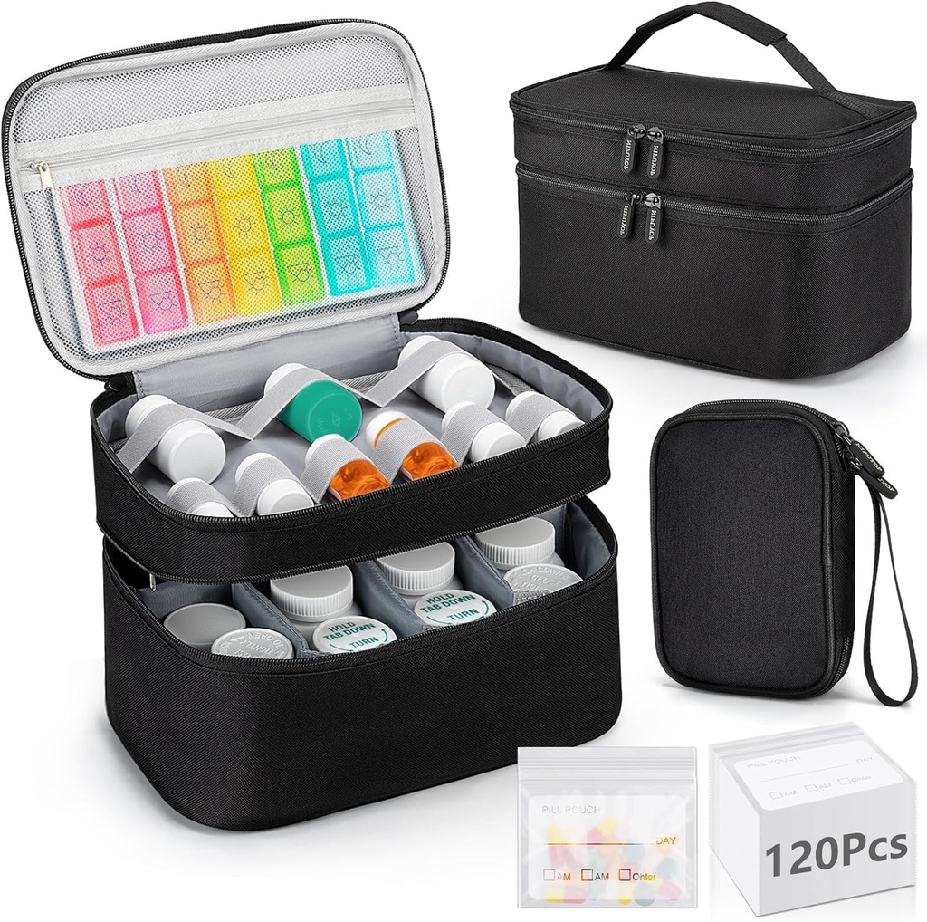 Tıp Organizecı Bag, Çift Katmanlar Pill Şişe Depolama 120 Pill Pouch Travel Baggies, Portreatif Tıp Depolama Bag for Pills, Vitaminler, Ev Deposu için Tıbbi Malzemeler, İlk Yardım