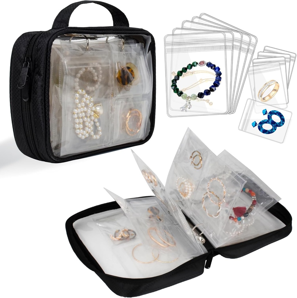 Travel Jewelry Organizer περίπτωση Διαφανή κοσμήματα Αποθήκευση τσάντα βιβλίο Binder για σκουλαρίκια, δαχτυλίδια, κολιέ, βραχιόλι, μαύρο