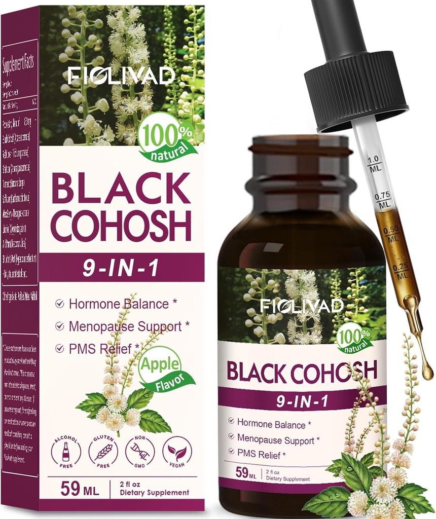 Black Cohosh Drops, Hormon Dengesi için Herbal Ekstraksiyon, Menopause Support & PMS Relief. 2oz-( Apple Flavor)