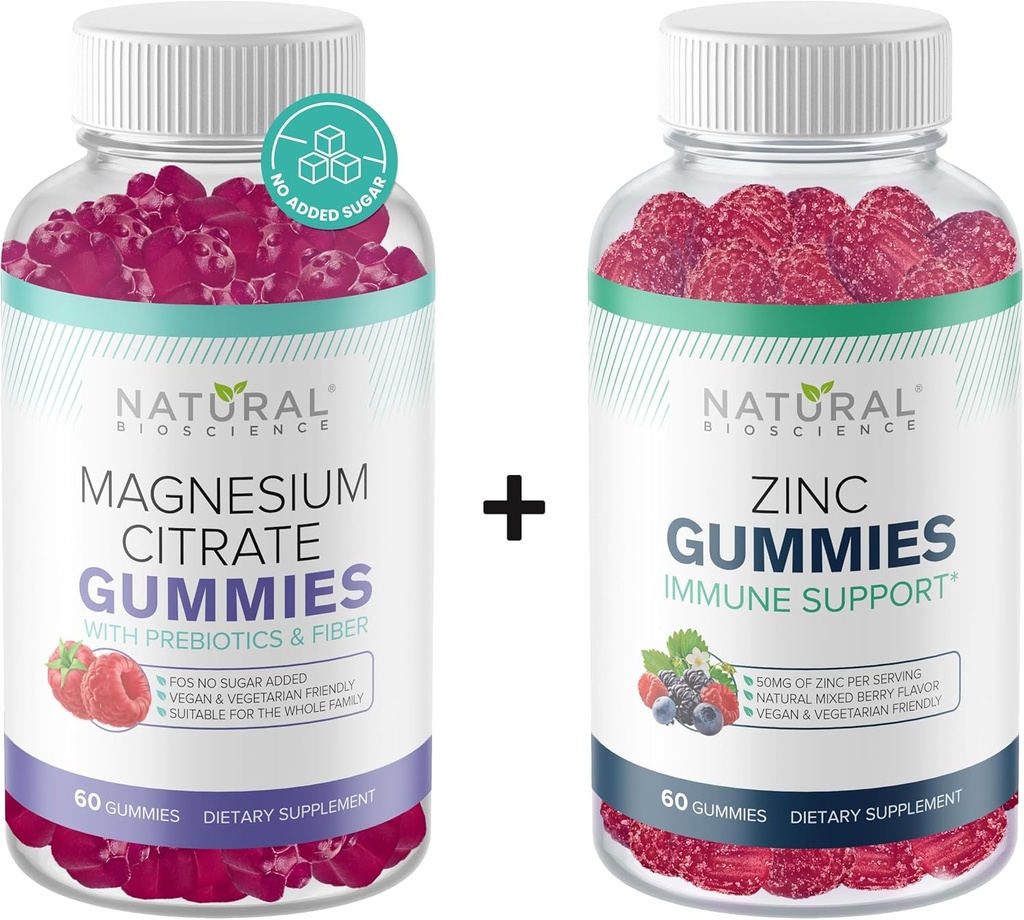 Sugar Free Magnezyum Gummies & Ekstra Kuvvetli Çinko Gummies, Vegan, Gluten Free, Calmness, Relaxation, Muscle Health, Immune Support, Skin Health, Non-GMO, 60 Gummy Vitamins