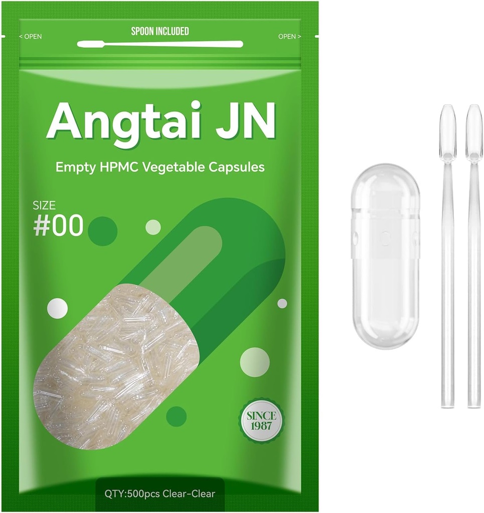 Boş Kapsüller,AngtaiJN 500 Kont Clear Vegetarian Capsules,Size 00 DIY Pill Capsules Boş Capsher, Micro Lab Spoon,Kosher,ISO careGluten Free, Halal sertifikalı,Non-GMO sertifikalı