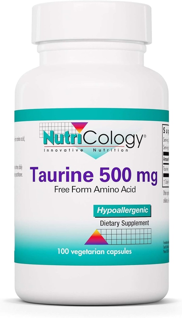 Nutricology Taurine 500 mg Supplement - Cardiovascular Destek, Ücretsiz Form Amino Asit, Saf, Organik, Vegetarian Capsules - 100 Count Count