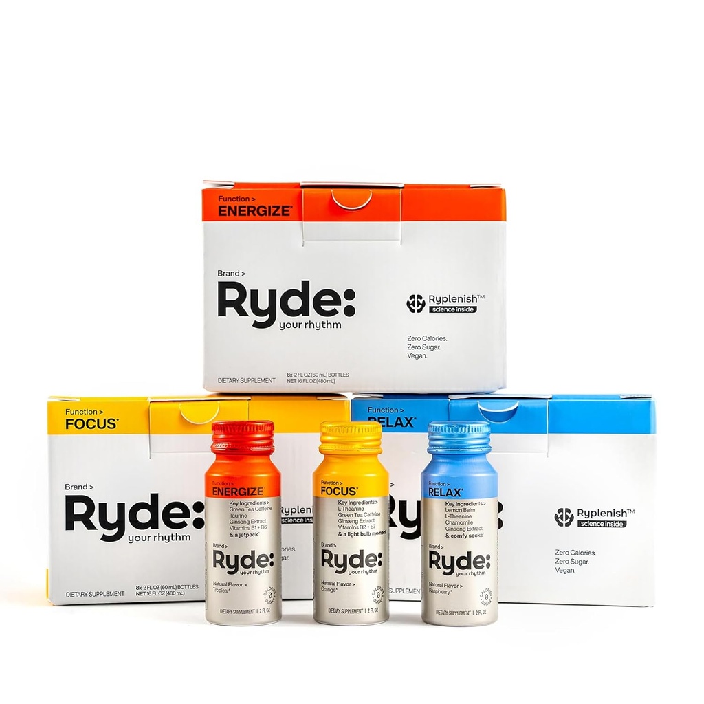 Ryde: Discovery Pack | Energize, Focus & Relax Shots | Green Tea Caffeine, Taurine, BTC, B Vitaminleri, L-Theanine, Lemon Balm, Chamomile | 0 Calories, 0 Sugar | Classic Pack – Try Them All (24 Pack)