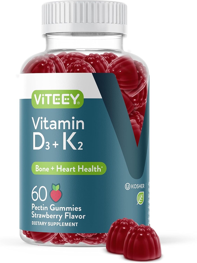 VITEEY Vitamin D3 K2 Gummies - 1000 IU Vitamin D3 ve K2 100mcg - Vejetaryen, Gelatin Free, GMO Free - Tasty Chewable D3K2s Strawberry Flavored Gummy
