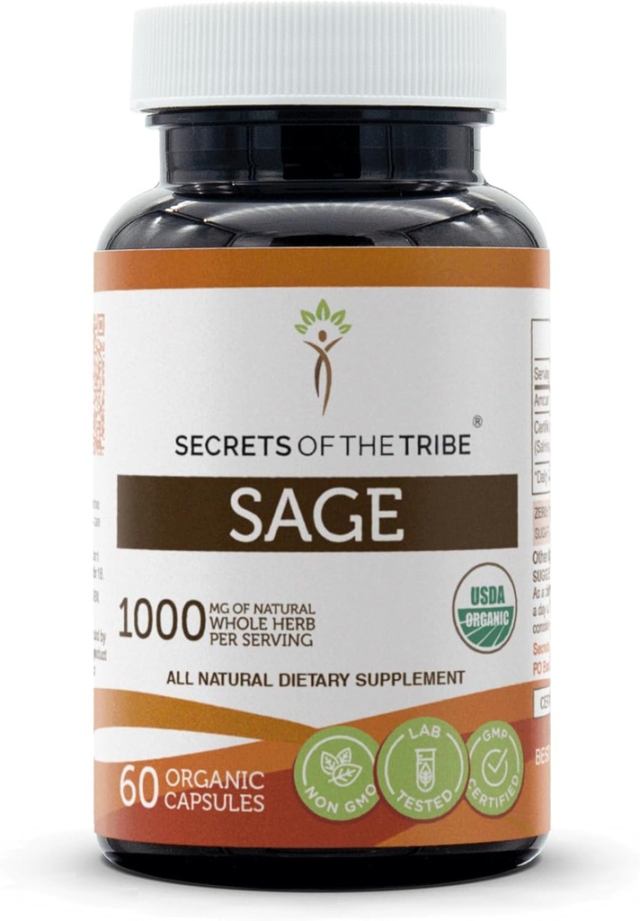 Tribe Sage USDA Organik 60 Capsules'in Sırları | Organik Vejetaryen Capsules ve Organik Sage (Salvia officinalis) kuru Leaf (60 Capsules)